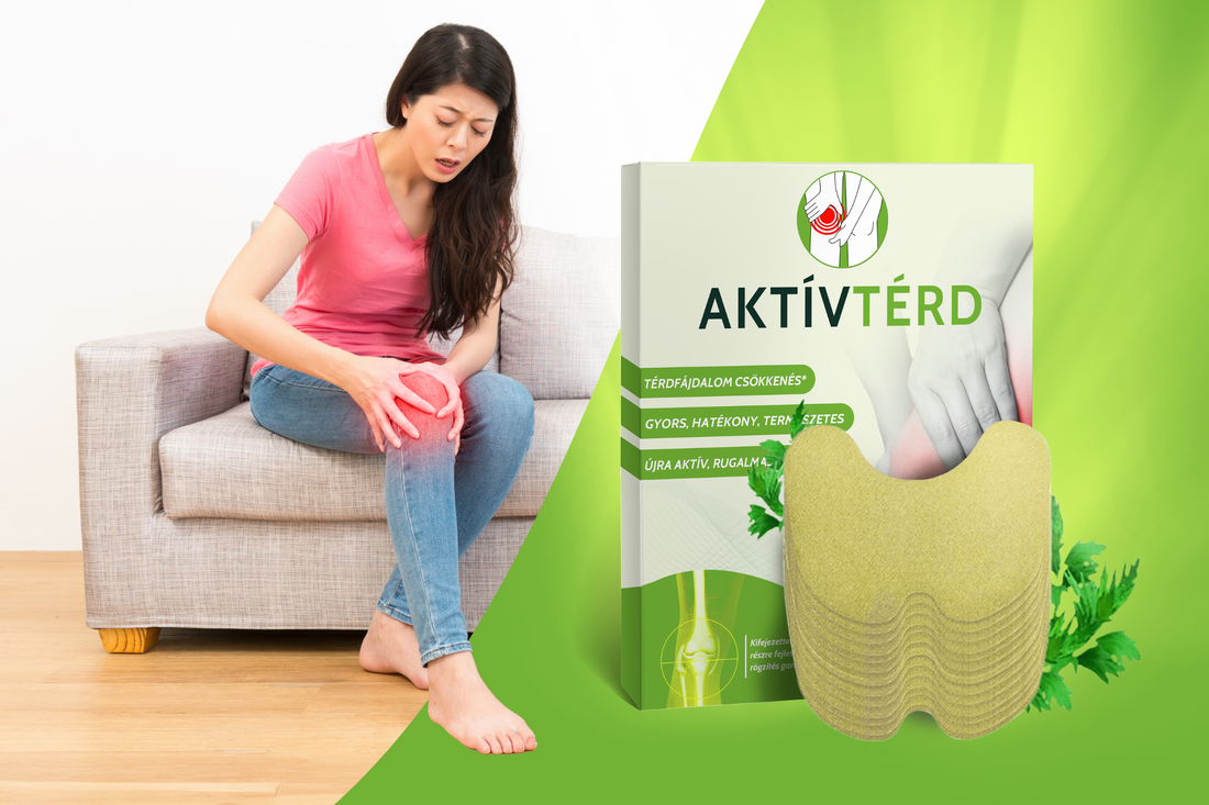 Fájdalomcsillapító és gyulladáscsökkentő tapasz térdre helyezve, csökkentve a duzzanatot és a fájdalmat.